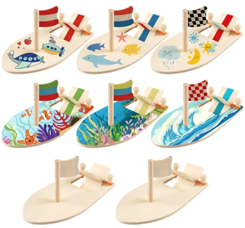 Holzboot Holz Bastelset Kinder, 8 Stück Mini Segelboot Basteln zum Bemalen | Selbstmontage, Leer Holz Basteln Kinder, Holzbastelsets Lernspielzeug für Mädchen Jungen