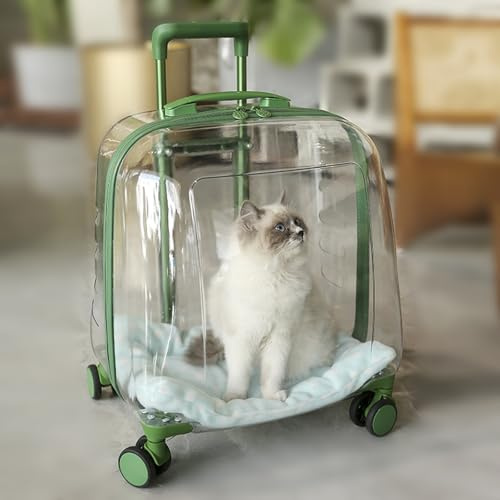 Transparent Transportbox für Tiere, für Kleine Hunde und Katzen, Katzenbox Transportbox mit Teleskopgriff, Tragbar und Atmungsaktiv für Reisen Wandern Camping