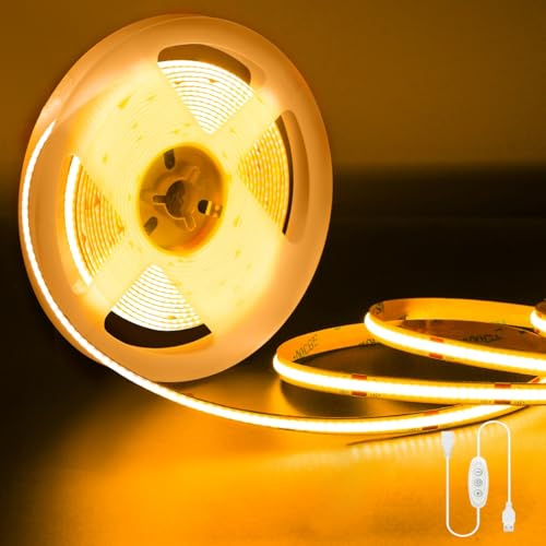Amdelne 2700K COB LED Streifen, 2M Dimmbares,LED 24V COB Streifen Licht set 320LEDs/M, Mit netzteil und Fernbedienung 3960LM, CRI90+ für Schlafzimmer,Küche，Spiegel,Heimdekoration