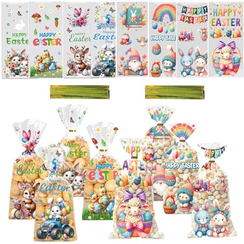 Scinzene 100 Stück Geschenktüten Ostern, 27 x 12,5 cm Zellophantüten Ostern, Süßigkeiten Tüten Transparent, Geschenktüten Plastik Ostertüten, 120 Twist Krawatten Für Kinder Partyzubehör