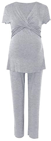 Stillpyjama Damen Lang Zweiteiliger Schlafanzug Kurzarm Umstands Stillschlafanzug für Damen Baumwolle Pyjama Stillfunktion Geburt Nachtwäsche Set Sleepwear Umstandspyjama Maternity Pyjama (Grey, L)