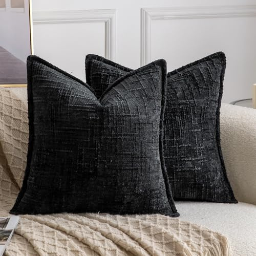 Madizz 2er Set Chenille Dekorativ Kissenbezüge Weiche neutrale Wurfkissen für Sofa Boho Akzent Zierkissenbezüge für Schlafzimmer Wohnzimmer Modernes Zuhause Dekor Schwarz 40x40 cm