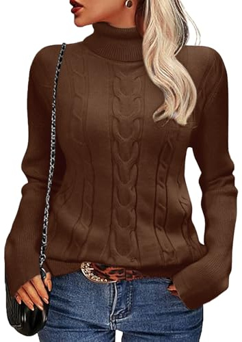 Xnova Pull col Roulé Tricot Femmes Hiver Chaud Manches Longues, Thermal Pulls Top en Maille Irlandais, Basique Pullover Laine Chic Ajusté Moderne Serré Haut Automne Hiver (Marron, XL)