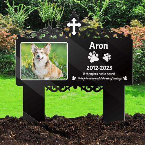 FCLYDER Personalisiert Grabstecker für Haustier, Personalisiertes Tier Grabkreuz mit Foto Gravur, Personalisierte Grabdeko Hund Katze, Wetterfest für Tiergrab Grab
