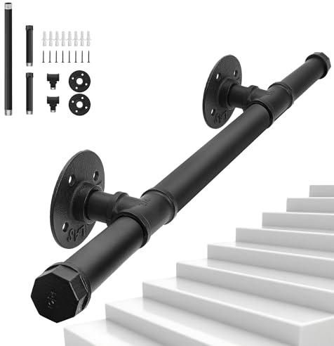 OUUTMEE 1M Main Courante pour Escalier, Rampe d'Escalier Murale en Tube Industriel, Main Courante en Fer pour Escaliers Intérieurs et Extérieurs Loft Porche, Capacité de Charge 150KG (Noir)