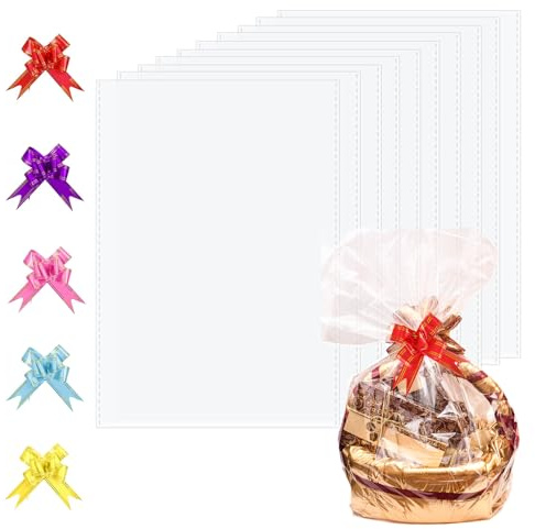 CATELL 10 Stück Geschenkfolie Transparent Cellophantüten 110×80cm, 5 Cellophan Geschenktüten mit 5 Zugschleifen Cellophantüten Groß Durchsichtiges Geschenkpapier für Geschenkkörbe Blumen Kunsthandwerk