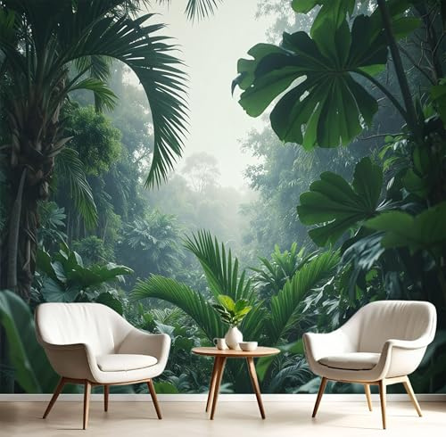 JEDTAKCT Papel Pintado Pared Panorámico Selva Tropical Seda, 300X210Cm, Paisaje Vegetal Verde Oscuro, Póster Gigante De Pared Personalizado 3D Para Salón Dormitorio Fotomurales Decoración