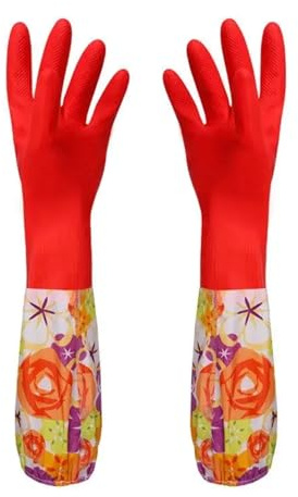 NihaoWXM Household Gloves Flower Rubber Velvet Long Gloves Household Antiskid Washing Cleaning Dish(Red,General style)