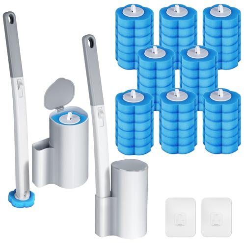 ANOMM Toalettstav kit, 2-pack med 48 påfyllningar och 2 utökade handtag, väggmonterad engångs toalettborste, toalettborste och hållare set för toalettskålsrengöring, badrumsrengöring