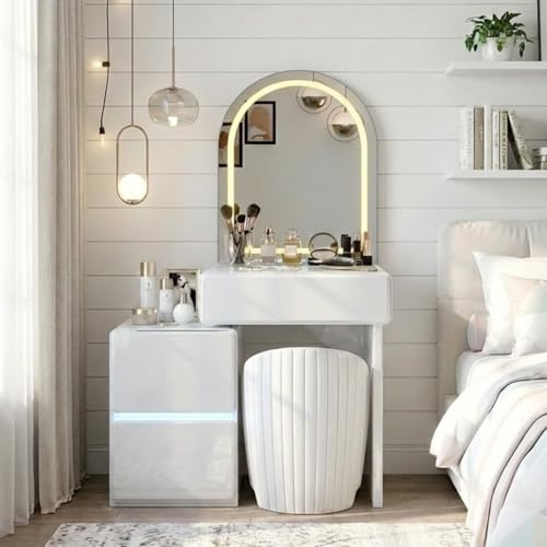 GLOSSIQUE High Gloss Dressing Table with Mirror and Stool, Touch Control LED Mirror 3 Lighting Modes, Vanity Desk with 3 Drawers, Modern Makeup Table for Bedroom, White