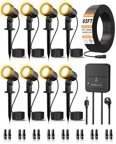 MEIKEE Gartenbeleuchtung Warmweiß 3 W 330 LM 12 V–24 V LED-Strahler 8 Stück | Gartenstrahler mit Transformator, Anschlüssen, 20 m Kabel, EU-Stecker, wasserdicht nach IP66 für Garten Wege Innenhöfe Bäume
