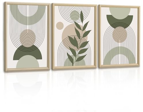 3 Pcs Boho Blätter Leinwandbilder Bilder Set mit Rahmen Aesthetic Grüne Pflanze Bilder Moderne Wandbilder Schlafzimmer Bild Auf Leinwand Kunstdruck Deko für Wohnzimmer fertig zum Aufhängen 40x60cmx3