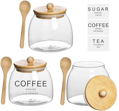 GANILITY Glass Tea Coffee Sugar Canister, 3 Piece 650 ml Curved Canisters Set, 11 x 11 x 12.8 cm Glass Jar with a Bamboo Lid und Spoon, for Kitchen Worktops and Taff Pantries, Transparent