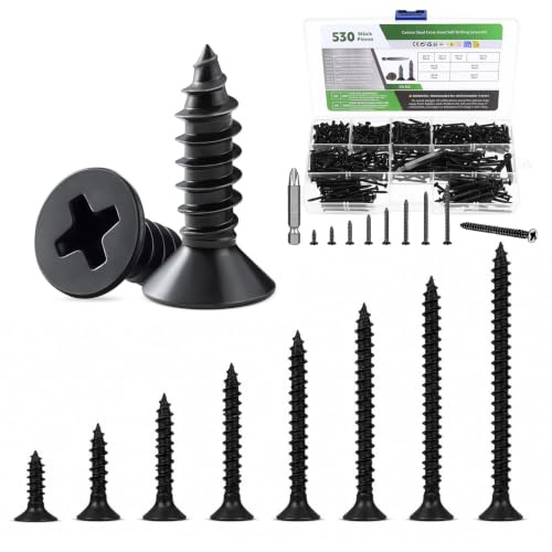 530 Stück M3 Schrauben Set, Holzschrauben Set, Selbstschneidende Schraubenset, Spanplattenschrauben Sortiment, Senkkopfschrauben Kreuzschlitz Flachkopfschrauben Sortiment(Schwarz)