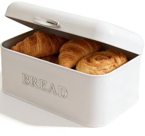Aurobest Contenitore Pane con Coperchio, Porta Pane Cucina, Portapane Metallo Vintage, Salvafreschezza, Scatola Bianco, Cassetta Grande per Conserva Biscotti, Pasticcini, Frutta (30 x 16 x 18cm)