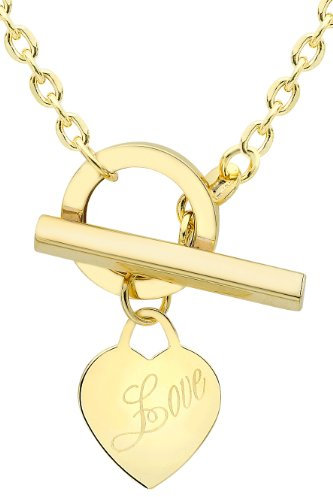 CARISSIMA Women's 9 ct Yellow Gold Engraved Love Heart Tag T-Bar Trace Chain Necklace of Length 46 cm/18 Inch