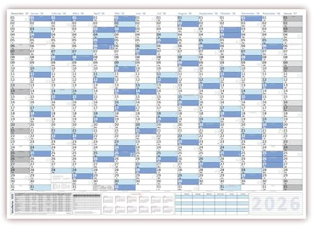 XXL Wandkalender DIN B1 2026 blau, nass abwischbar Jahresplaner Wandplaner Format 100 x 70cm gerollt