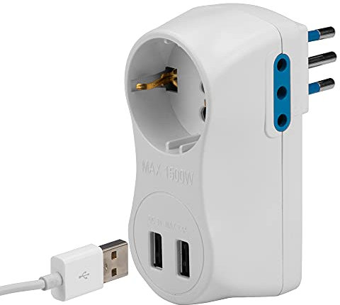 Poly Pool PP0427 Adattatore Multiplo 10 A Italiana e 16 A Tedesca con USB, Bianco