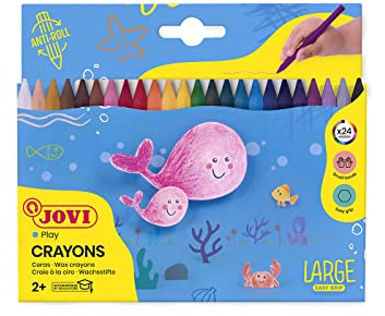 Jovi Wachsmalstifte Plasticolor, 6-kant Form, ab 3 Jahren, geruchlos, leicht auswaschbar, bruchsicher, radierbar, 24 Farben in einer Schachtel