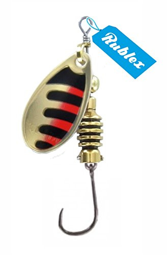 Rublex - Pack de 5 Cucharillas de Pesca Celta-2 ONR | Cebo Artificial de Pesca con Anzuelo Simple sin Muerte Fácilmente Intercambiable con Sistema Quita-Vueltas, Color Oro Negro Rojo, 3'5gr