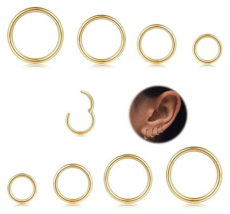 MILACOLATO 8Pcs 16G De Acero Quirúrgico Con Bisagras Clicker Segmento Septum Anillos De La Nariz Hoop Helix Cartílago Daith Ohr Tragus Sleeper Pendientes Body Piercing Oro
