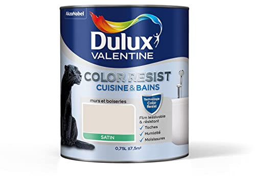 Dulux Valentine Color Resist - Peinture Intérieure Pièces Humides - Pour Murs, Plafonds, Boiseries - Lessivable et Résistante - Couleur : Lin Clair Satin - 0,75 L - 5261972