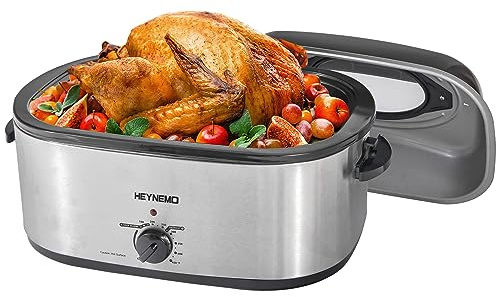 Horno tostador, horno eléctrico de 24 cuartos de galón, horno tostador de pavo buffet con tapa autohilado, sartén extraíble, asas de tacto frío, horno tostador de acero inoxidable de 1450 W, color