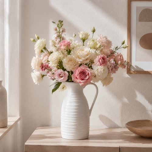 hjn Farmhouse Pitcher Vase for Flowers- Ceramic Pitcher White Flower Vase for Your Kitchen/Home Decor/Office/Living Room/Bookshelf/Mantel/-White