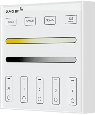 BTF-LIGHTING Wireless 2.4G RF 4 Zone Single Color Wall Mounted Smart Panel Remote Powered by 2XAAA Batteries 3V Work with WB5 LM052 LM053 C01RF C02RF C01W C02W etc PWM Controller