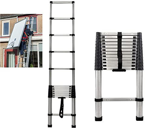 Extendable Step Ladder, 13 Step Telescopic Loft Ladder Folding Straight Ladder Garden Library Engineering Stair Step Ladder, Stainless Steel Material, Maximum Height 12.5FT/ 3.8M