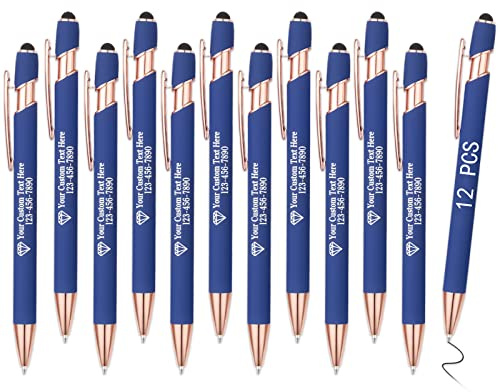 OXYEFEI Rosegold Kugelschreiber mit Gravur, 1mm 12Farben Optional mit Stiftspitze Personalisierte Stifte Hochwertig Metall Touchpen mit Text Muster oder Logo für Touchscreens(12 Stück, Blau)