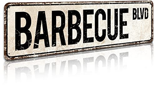 Cartello stradale con barbecue Blvd, decorazione per barbecue, arte da parete vintage per casa/giardino/cucina, cartello in metallo 10,2 x 40,6 cm