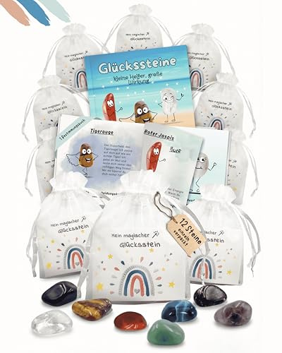 SoSi 12 Glückssteine 2-3cm mit Bedeutung Mitgebsel Glücksbringer | Give Away für Kindergeburtstag, Gastgeschenk Kindergarten Taufe Kommunion Einschulung