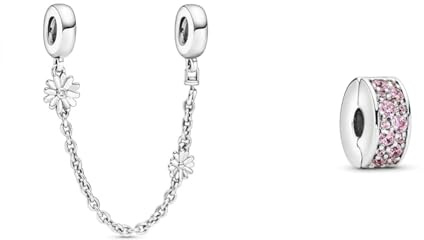 PANDORA Sicherheitskette Gänseblümchen 5cm 798764C01 & Rosafarbener Pavé-Glanz Clip 791817PCZ