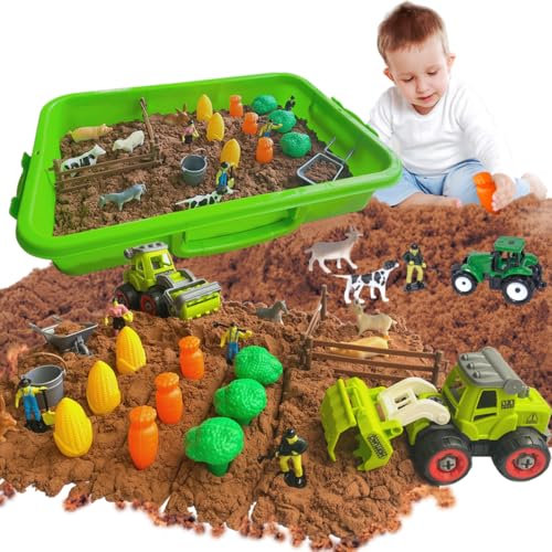 Bauernhof Kinetischer Sand, Spielsand Sandspielzeug mit 1 KG Magnetic Sensory Sand, Bauernhof Spielzeug und Nehmen Sie Apart Bauernauto, Sandkasten mit Deckel für Kinder 3-8 Jahre Alt