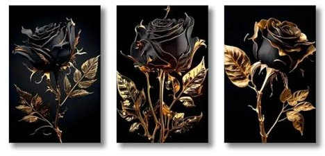 Schwarze und goldene Rose Leinwanddruck Bilder XXL Malerei, moderne Kunst, Flora, Poster und Drucke auf Leinwand, Poster, Wandkunst, Heimdekoration, 60 x 85 cm, 3 Stück, ohne Rahmen