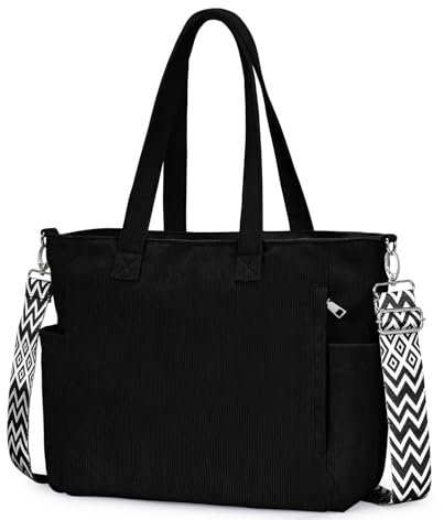 oscaurt Handtasche Damen Cord Tasche Shopper Groß Umhängetasche Tote Bag Crossbody Bag mit Schultergurt Beuteltasche Stofftasche für Arbeitstasche Einkaufen Reisen (1-Schwarz)