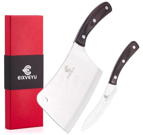 EIXVEYU Set de 2 Couteaux Couteau à Os Haché et Couteau à Fruits, Damascus Modèle Couteau de Cuisine Chinois Couteau à éplucher Avec Manche en Bois et Emballage Cadeau