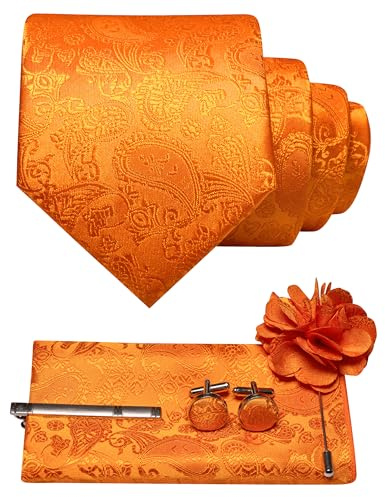 JEMYGINS Paisley-slips för män med näsduk slipsklämma blombrosch och manschettknappar set, Orange färg, M