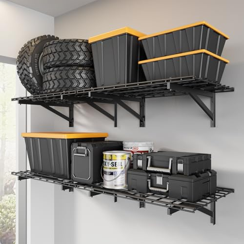 Jusgym 4 Pack Heavy Duty Garage Wall Shelving Set (2x3ft), Wall Mounted Garage Shelves 1400lbs Capacity, 24x72 Shelf Storage Rack Floating Shelves, Black