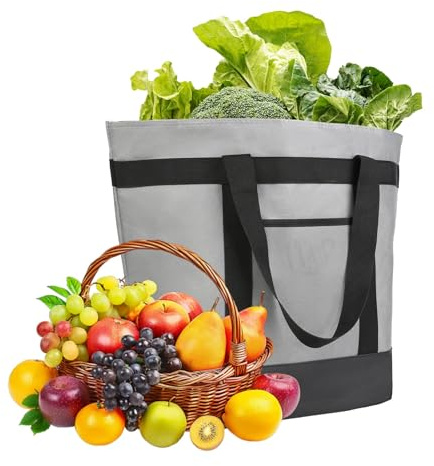 Insulated Reusable Tote Bag for Grocery Shopping, Large Foldable Cooler Bag with Thermal Foam Insulated Grocery Bags, for Delivery Tote to Keep Food Cold/Hot for Travel, Beach, Picnic, Grey