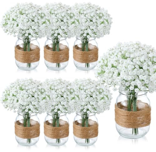 Yuxung 6 Sets Wedding Mason Jar Table Centerpiece Artificial Daisy Babys Breath Gypsophila Flowers Realistic Mason Jar Vases Table Decoration for Reception Engagement Bridal Shower Party (Gypsophila)