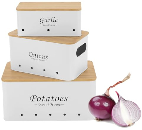 DHQCQL Potatisförvaring, potatis-förvaringslåda med lock, köksförvaring och organisation 3, grönsakförvaring för potatis, lökar och vitlök (vit)