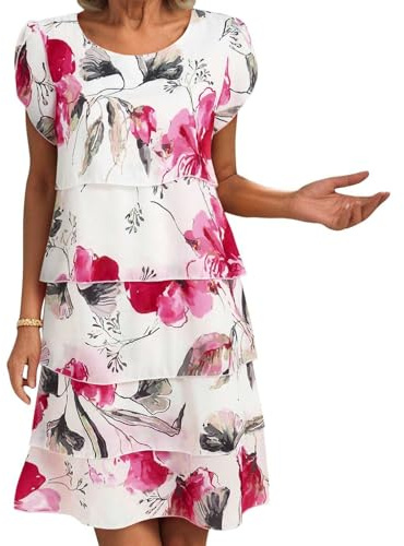 Générique Robe Fleurie Femme Été en Mousseline Imprimé Fleurs À Manches Courtes Col Rond Superposés Volants Robe Chic et Élégant Léger et Respirant Décontracté Dress Plage Cocktail (A02-White, M)