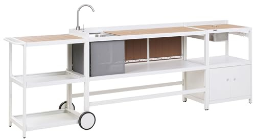 Ensemble de Cuisine d'Extérieur en Aluminium 3 Pièces Armoire de Rangement Ilot Evier et Sceau à Glace Blanc Ortisei