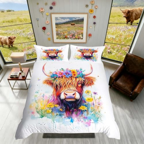 Homemissing Highland Cow Duvet Cover Set Single Size For Kids Boys Girls Teens Farmhouse Highland Cattle Bedding Set Yellow Flowers Pattern Duvet Cover with 1 Pillowcase