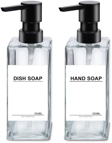 2STK Seifenspender Glas Durchsichtig 350ml Shampoo Flaschen zum Befüllen Modern Spülmittelspender Küche Duschgel Spender Pumpkopf Kunststoff, Pumpflasche Shampoo für Dusche Badezimmer