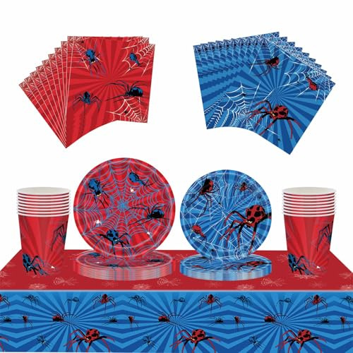 69Pcs Red Blue Spider Birthday Party Tableware Decorations ,Table Cloth,7inch 9inch Paper Plates,Paper Napkins and Cups for Boy Birthday Favors