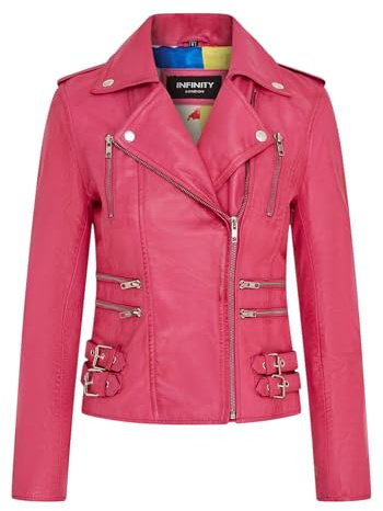 Infinity Leather Chaqueta Biker Retro Para Mujer, 100% Piel Napa Rosa Fucsia