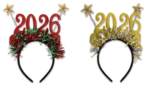 2 Stück Haarreif 2026 Happy New Year Haarreifen Silvester Deko, 2026 Glitzer Zahlen Stirnbänder, Neujahr Sterne Haarbänder, Kopfschmuck mit Glitzernden Zahlen und Girlanden, Weihnachten Fotorequisiten